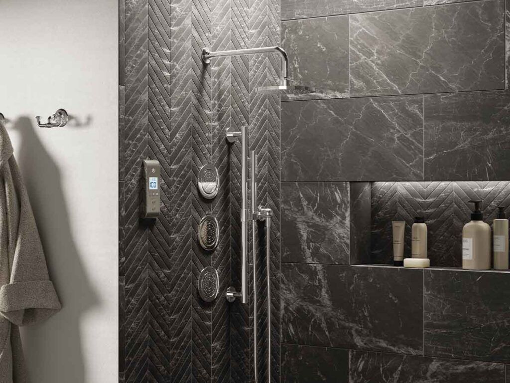 Rain showers and handshowers in a open shower.