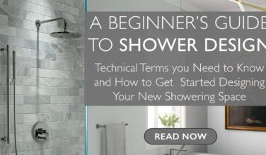 A modern shower with this text overlaid "A beginner's guide to shower design. Technical terms and how to get started on your new showering space.