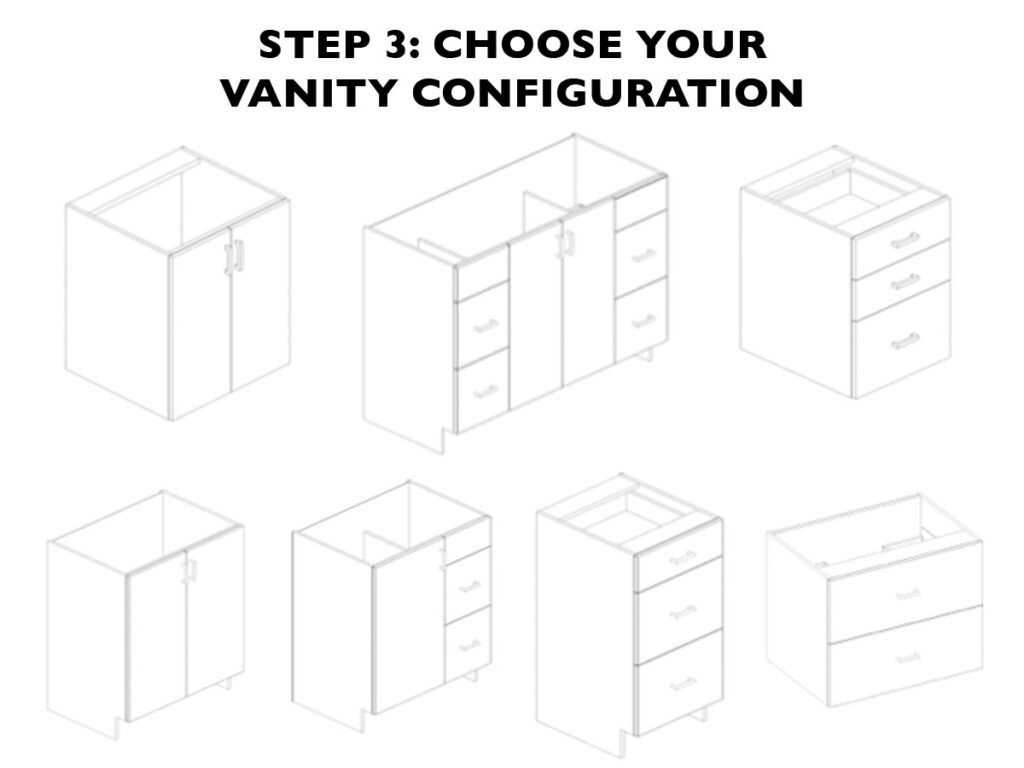 Line drawings of various vanity configurations of drawers, doors, and widths. Text reads "Step 3: Choose your vanity configuration"