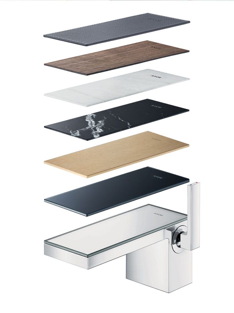 Axor MyEdition customizable faucet tops, including wood, leather, marble, and brass