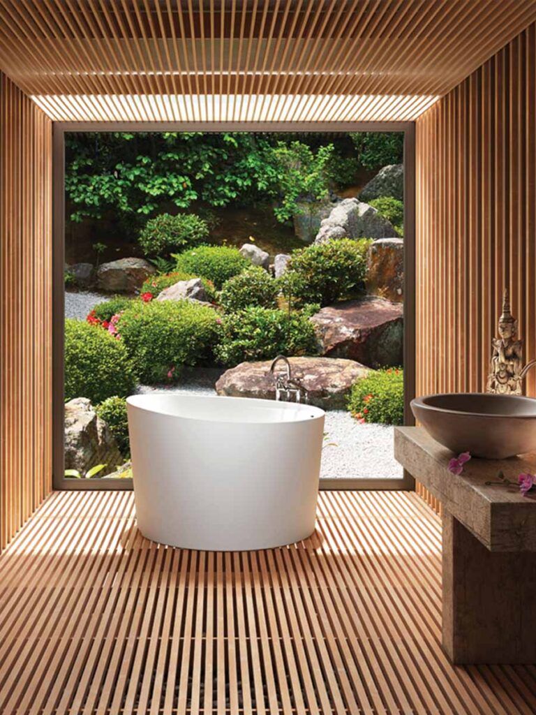 Bain Ultra BeOne japanese-style soaking tub in a serene luxury bathroom.