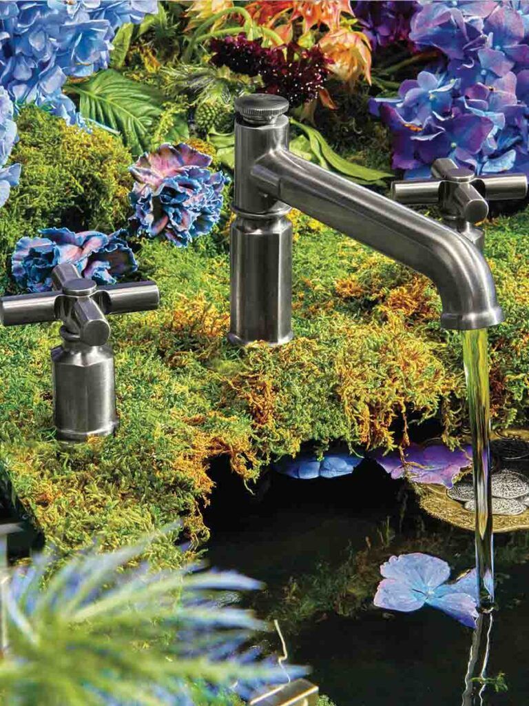 Detail shot of Brizo Invari faucet featuring a fantastic jungle scene.