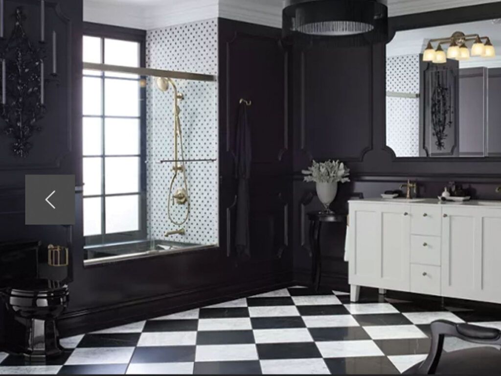 black and white bathrooom with black toilet and bathtub with Kohler hydrorail 