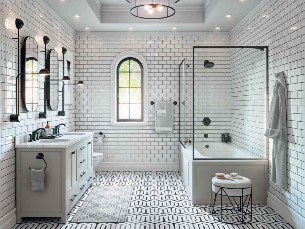 Charming bathroom  with black fixtures and lighting 