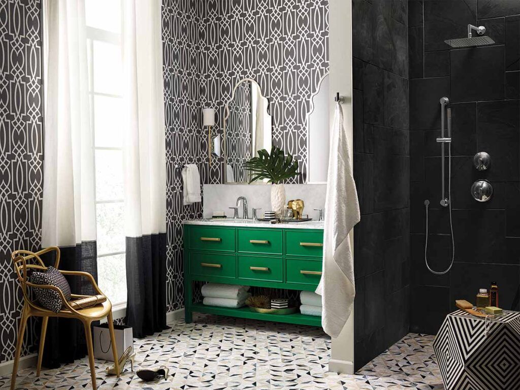 Charming bathroom with a bright green double vanity.