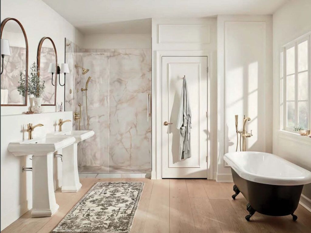 Airy traditional bathroom with freestanding clawfoot tub and two pedestal sinks