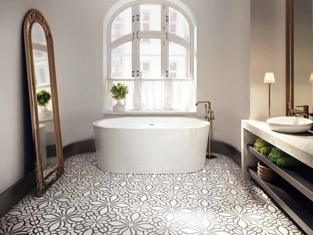 Open primary bath with a freestanding Bain Ultra hydrotherapy bath