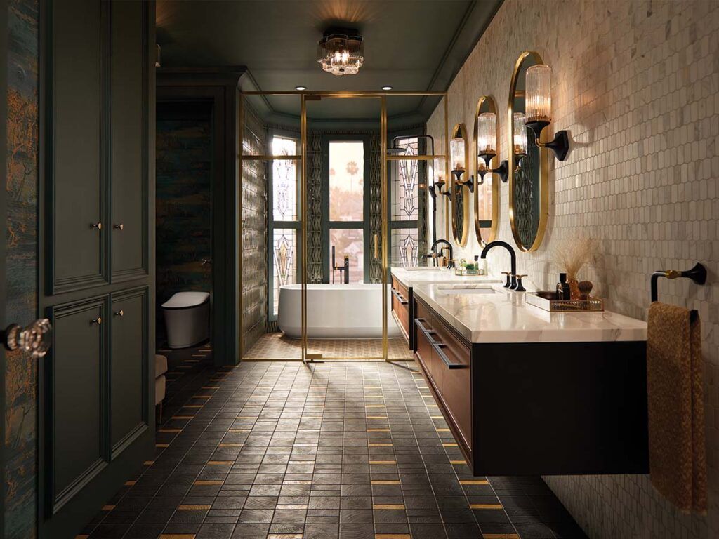 Elegant and stately bathroom featuring Kohler Eir toilet and Ocassion fixtures.