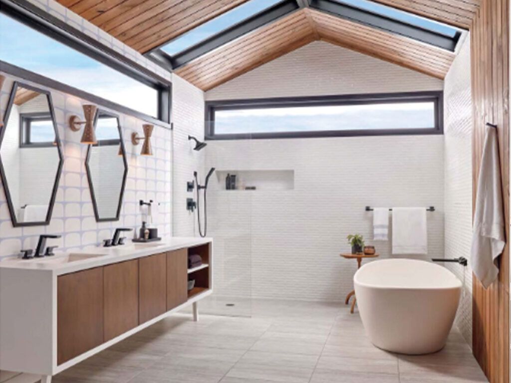 Skitown-inspired modern bathroom wth freestanding bath and double vanity.