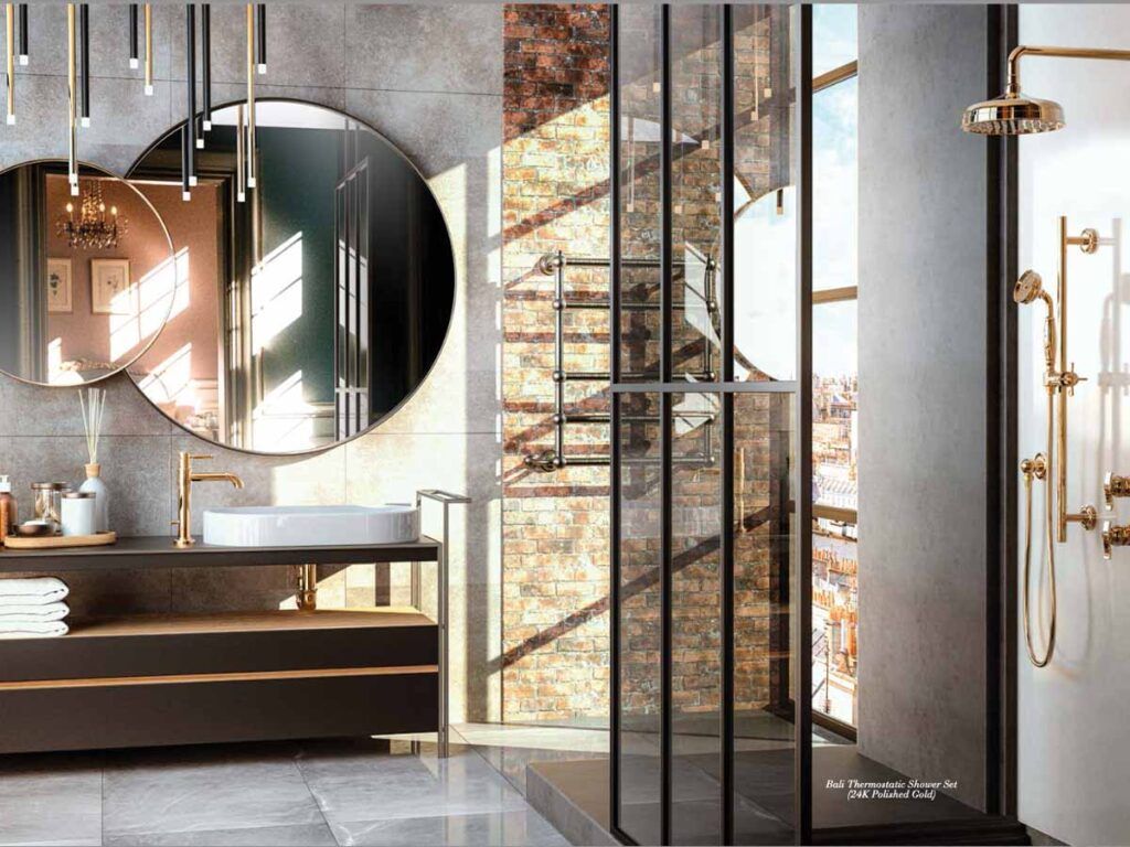 Spacious luxury bathroom with exposed brick and industrial style.
