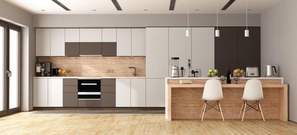 White and brown modern kitchen with wooden island - 3d rendering