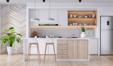 header image for contemporary cabinetry, featuring a light oak and white cabinets