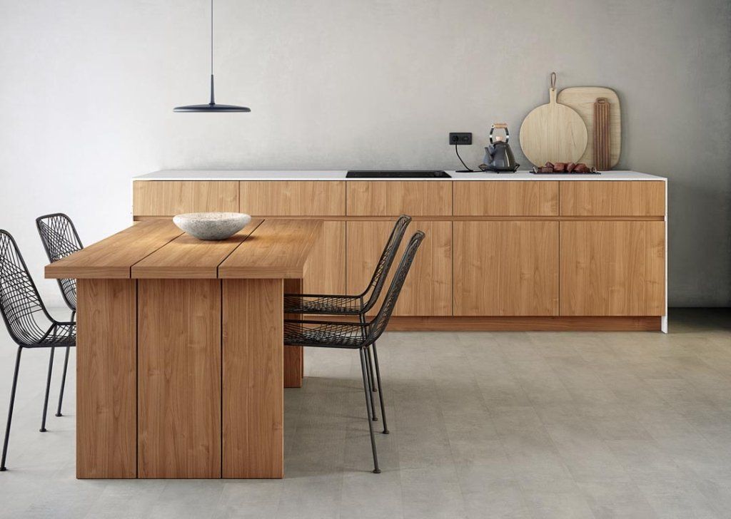 Small Contemporary kitchen featuring Allure Metro cabinetry in Walnut Natural