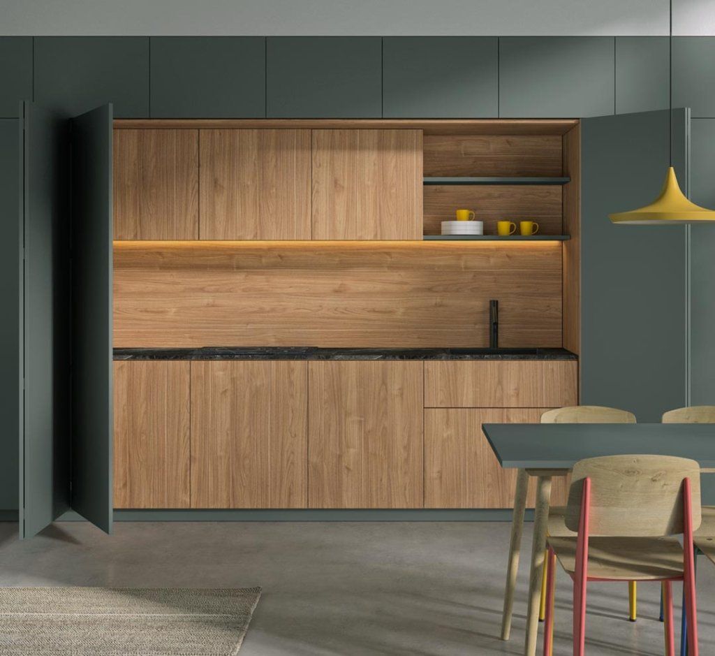 Small Contemporary kitchen featuring Allure Metro cabinetry in Walnut Natural
