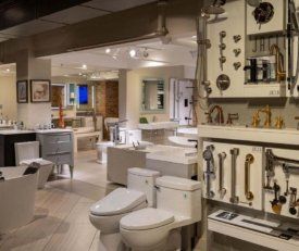 interior shot of studio41 Hubbard and their wide bathroom display layout