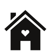 a black icon of a home with a heart inside of it