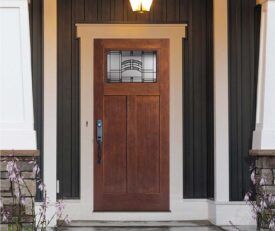 Allure entry doors in craftsman style feautring decorative privacy glass in art deco style.