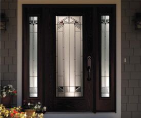Double Allure entry doors with full length privacy decorative glass in art deco style and two side lites.