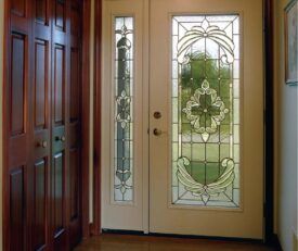 Double Allure entry doors with full length privacy decorative glass in traditional style with side lite.