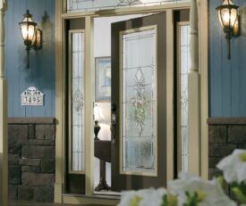 Allure entry door with full length privacy decorative glass in traditional style with side lites.