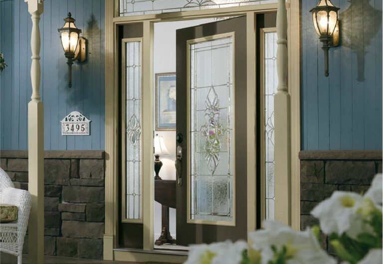 Allure entry door with full length privacy decorative glass in traditional style with side lites.
