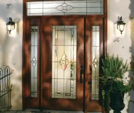 Allure entry door with decorative glass with sidelites.