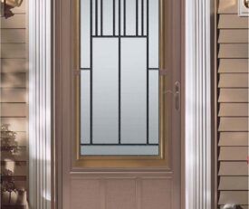 Allure entry door with 3/4 length privacy decorative glass in art deco style.