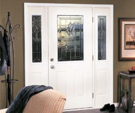 Allure entry door with half length decorative privacy glass