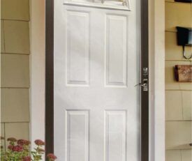 White allure entry door and storm door with small arc decorative glass in traditional style.