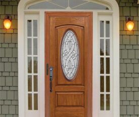 Allure entry door with round decorative glass in traditional style with side lites.