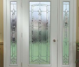 Allure entry door with full length privacy decorative glass in traditional style with side lites.