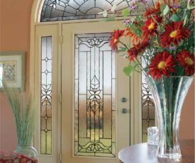 e Allure entry doors with full length privacy decorative glass in traditional styles with side lites and arc window.
