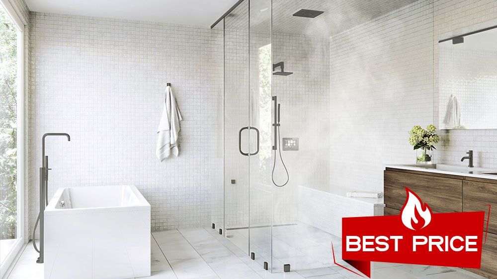 Luxury bathrom with glass steam room with BEST PRICE on the lower right.