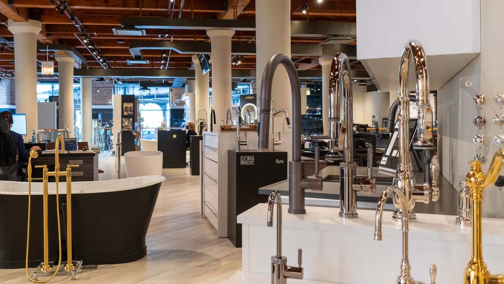 a studio41 showroom with top quality kitchen faucets, and freestanding tubs