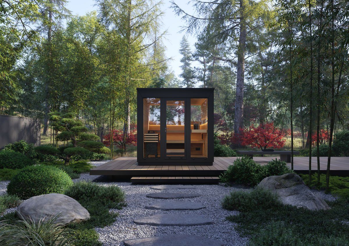 a stately klafs sauna in a secluded and serene garden