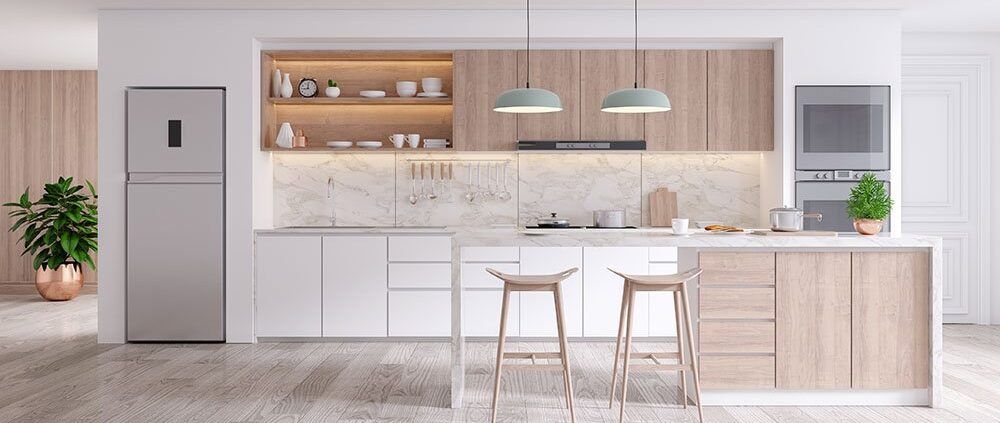 Open and airy kitchen with Allure Metro doors in white supermatte and dawn oak colors