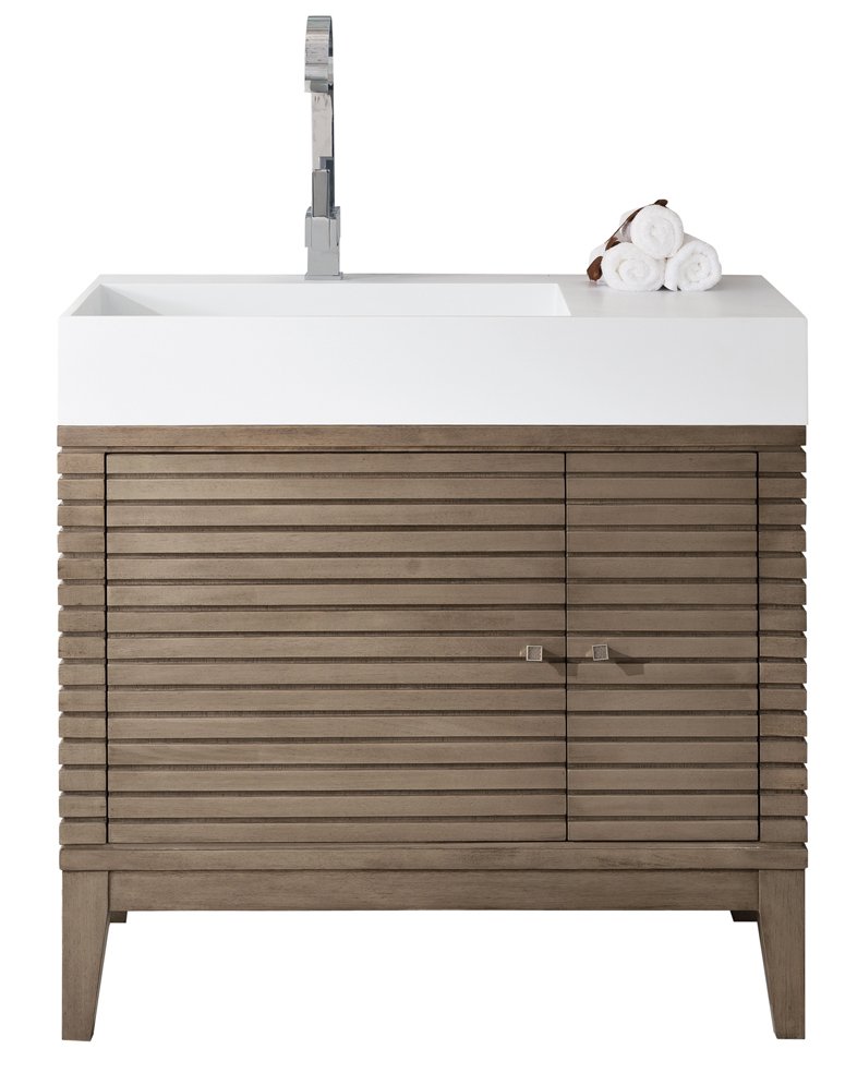 James Martin Vanities 210V36WWGW Whitewashed Walnut 210V36WWGW Linear 36 Single Vanity, Whitewashed Walnut W/ Glossy White Composite Stone Top - Whitewashed Walnut