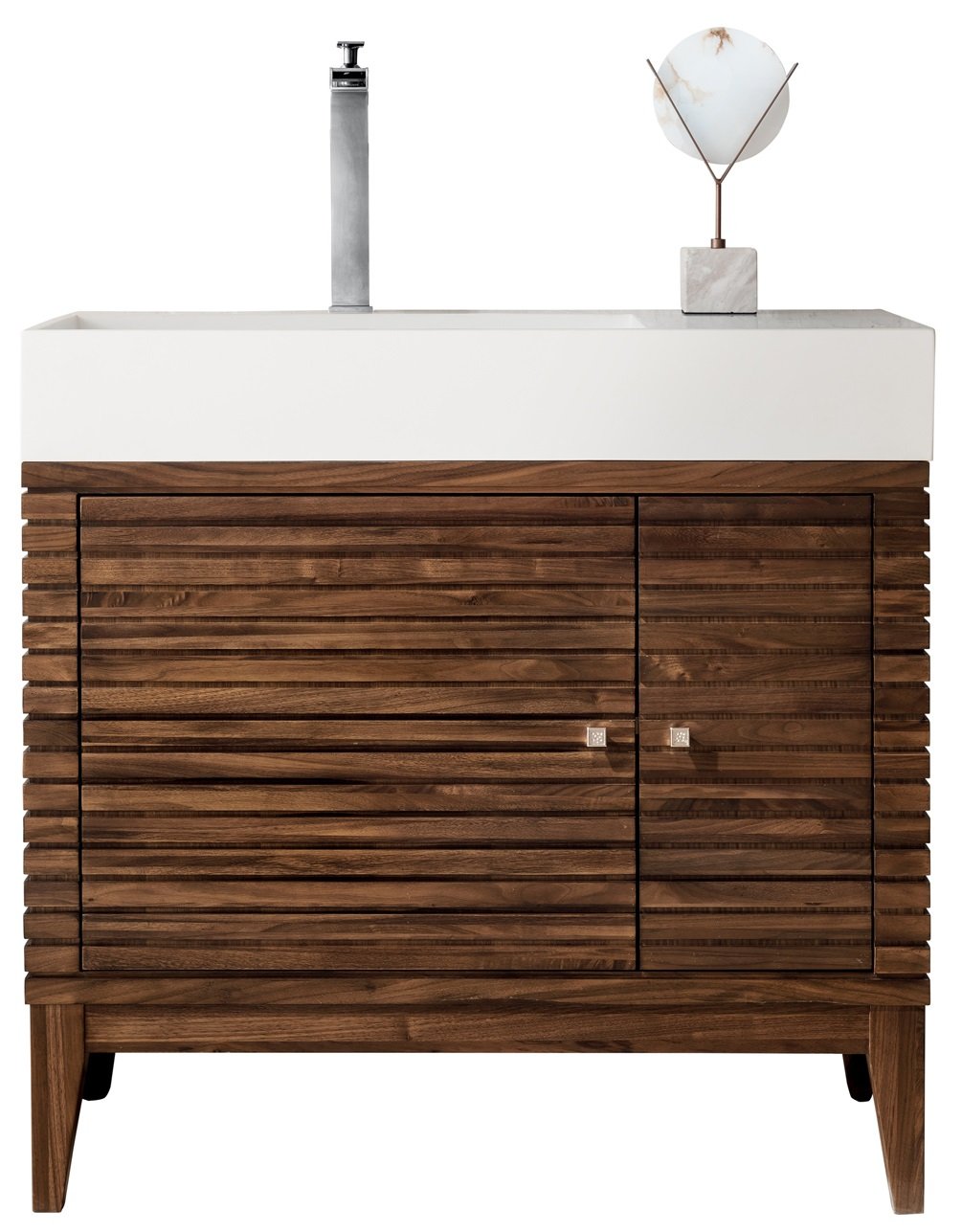 James Martin Vanities 210V36WLTGW Mid-Century Walnut 210V36WLTGW Linear 36 Single Vanity, Mid-century Walnut W/ Glossy White Composite Stone Top - Mid-Century Walnut