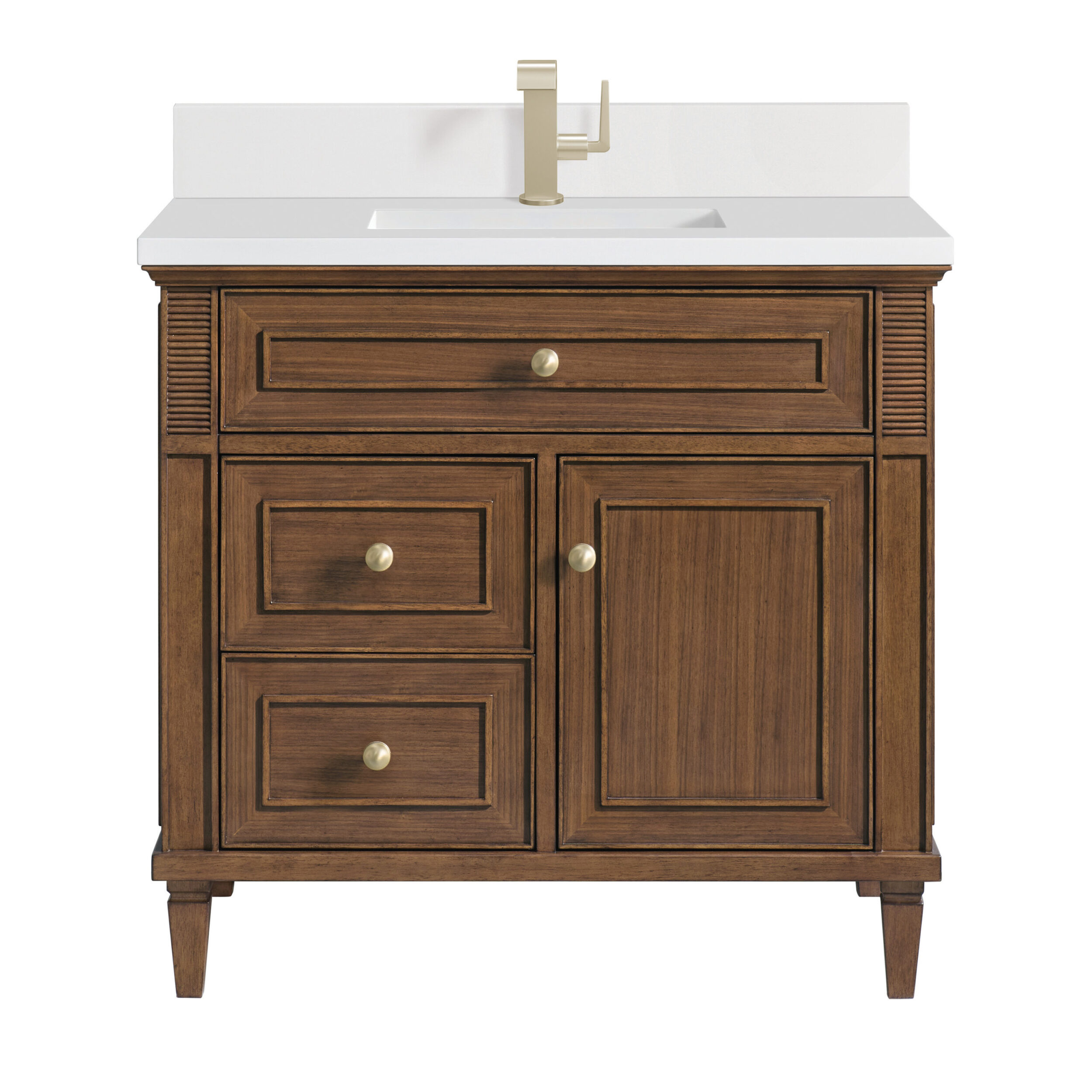 James Martin Vanities 424V36WLT1WZ Mid-Century Walnut 424V36WLT1WZ Lorelai 36 Single Vanity, Mid-century Walnut W/ Single Hole 3 Cm White Zeus Silestone Top & Backsplash - Mid-Century Walnut