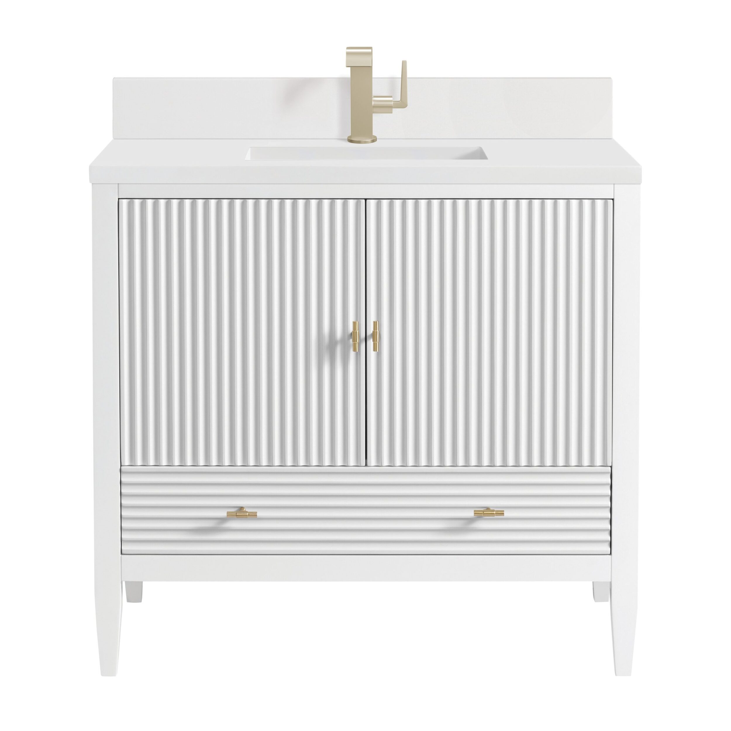 James Martin Vanities 485V36BW1WZ Bright White 485V36BW1WZ Myrrin 36 Vanity, Bright White W/ Single Hole 3 Cm White Zeus Silestone Top & Backsplash - Bright White
