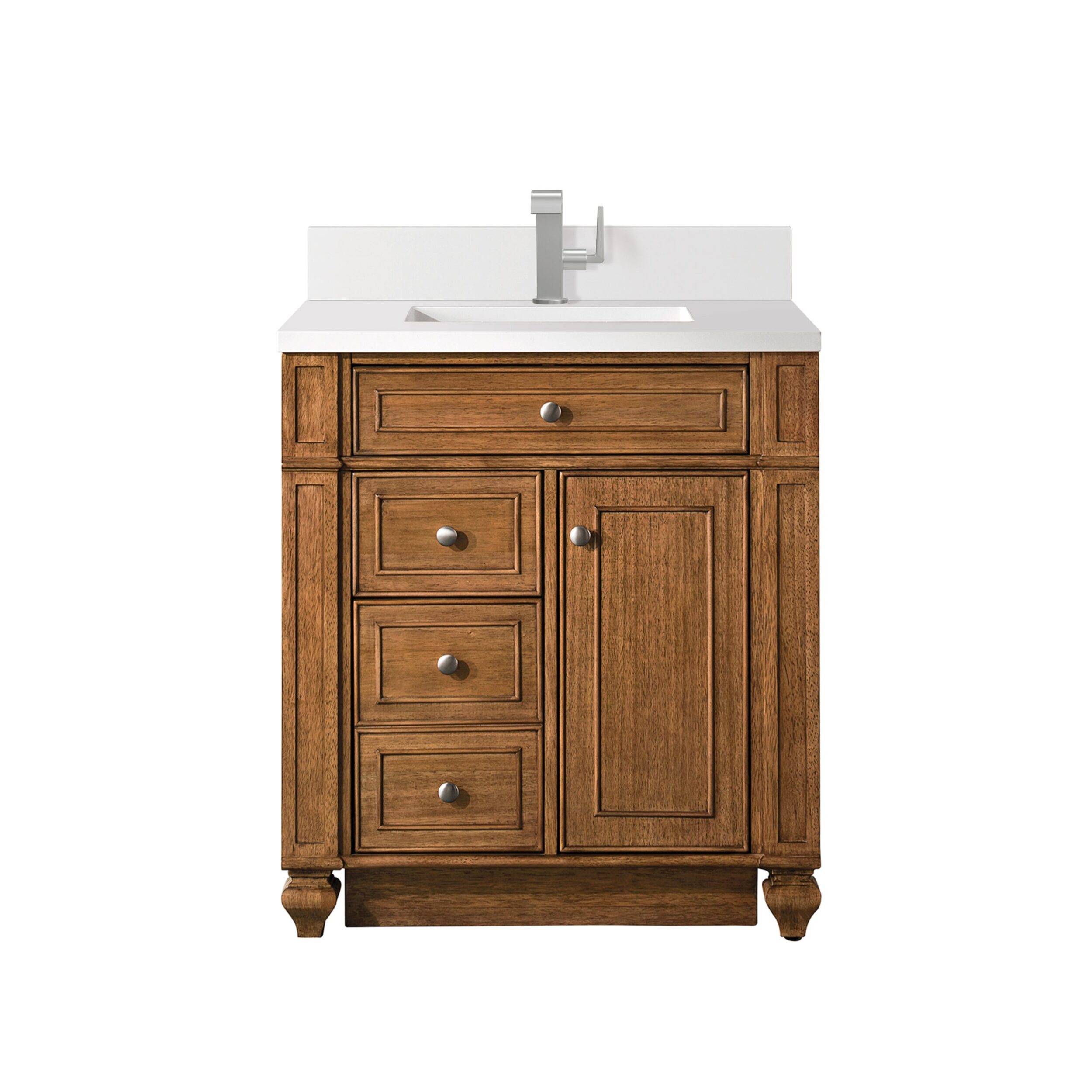 James Martin Vanities 157V30SBR1WZ Saddle Brown 157V30SBR1WZ Bristol 30 Single Vanity, Saddle Brown W/ Single Hole 3 Cm White Zeus Silestone Top & Backsplash - Saddle Brown