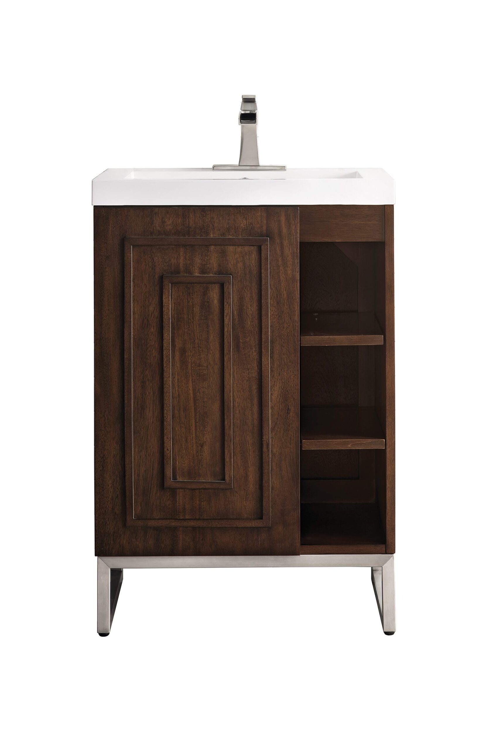 James Martin Vanities E110V24MCABNKWG Mid Century Acacia E110V24MCABNKWG Alicante 24 Single Vanity, Mid-century Acacia, Brushed Nickel W/ White Glossy Composite Stone Top - Mid Century Acacia