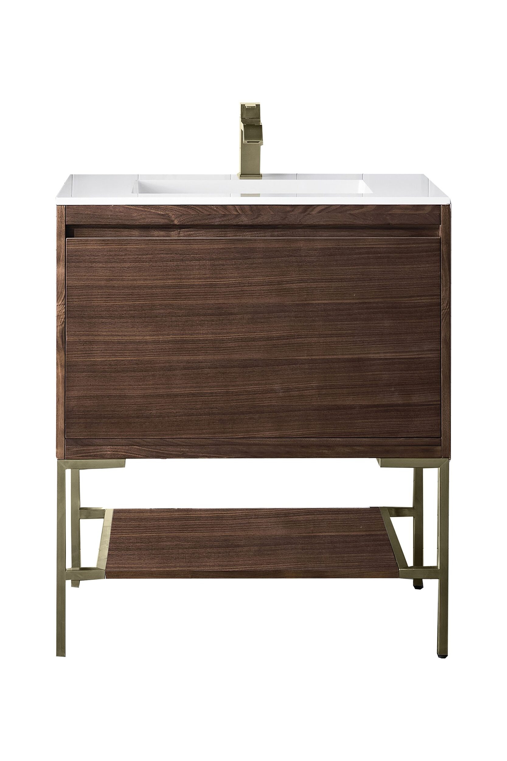 James Martin Vanities 805V315WCBGW Mid-Century Walnut 805V315WCBGW Mantova 31.5 Single Vanity, Mid-century Walnut, Champagne Brass Base W/ Glossy White Composite Stone Top - Mid-Century Walnut