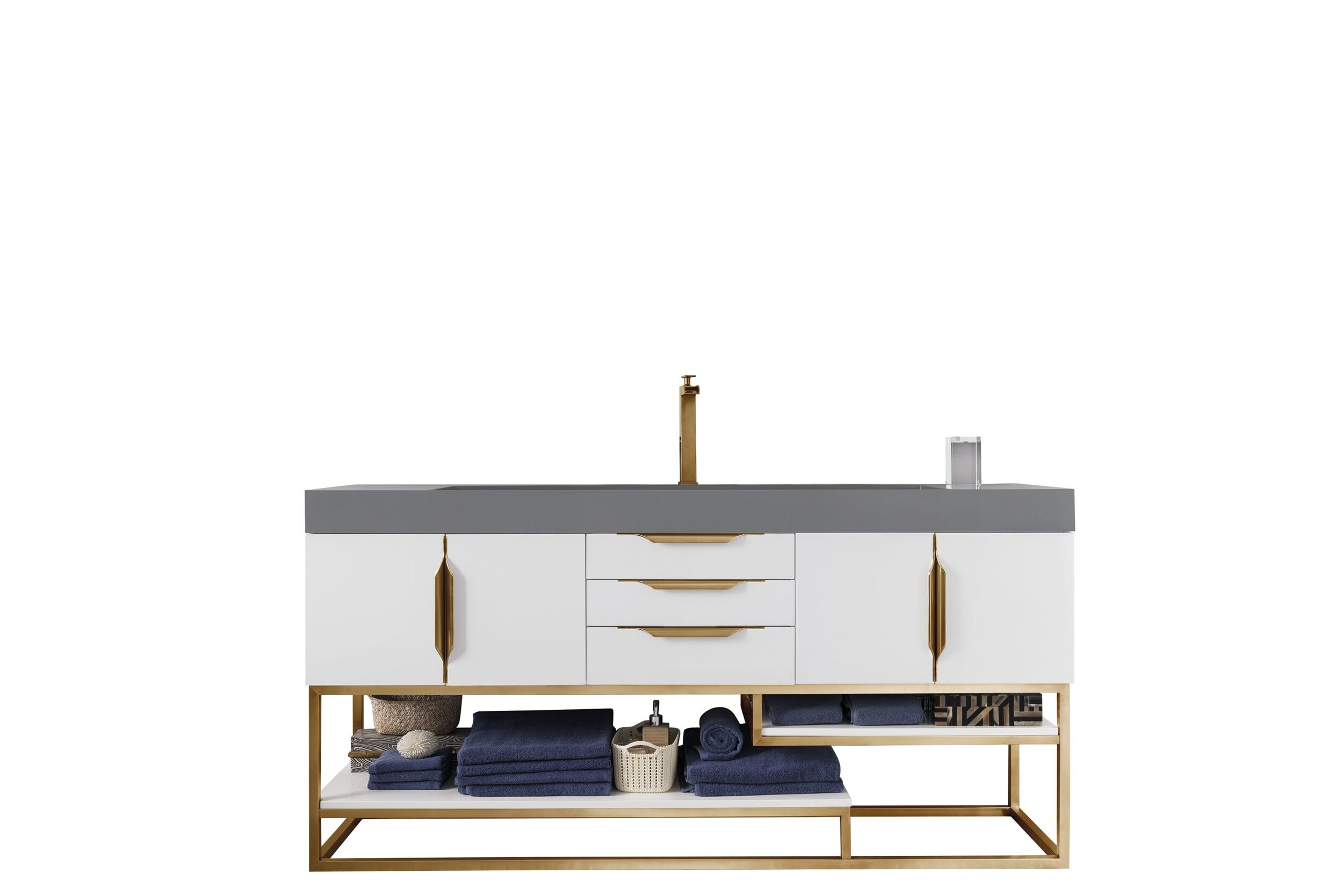James Martin Vanities 388V72SGWRGDGG Glossy White 388V72SGWRGDGG Columbia 72 Single Vanity, Glossy White, Radiant Gold W/ Dusk Grey Glossy Composite Stone Top - Glossy White