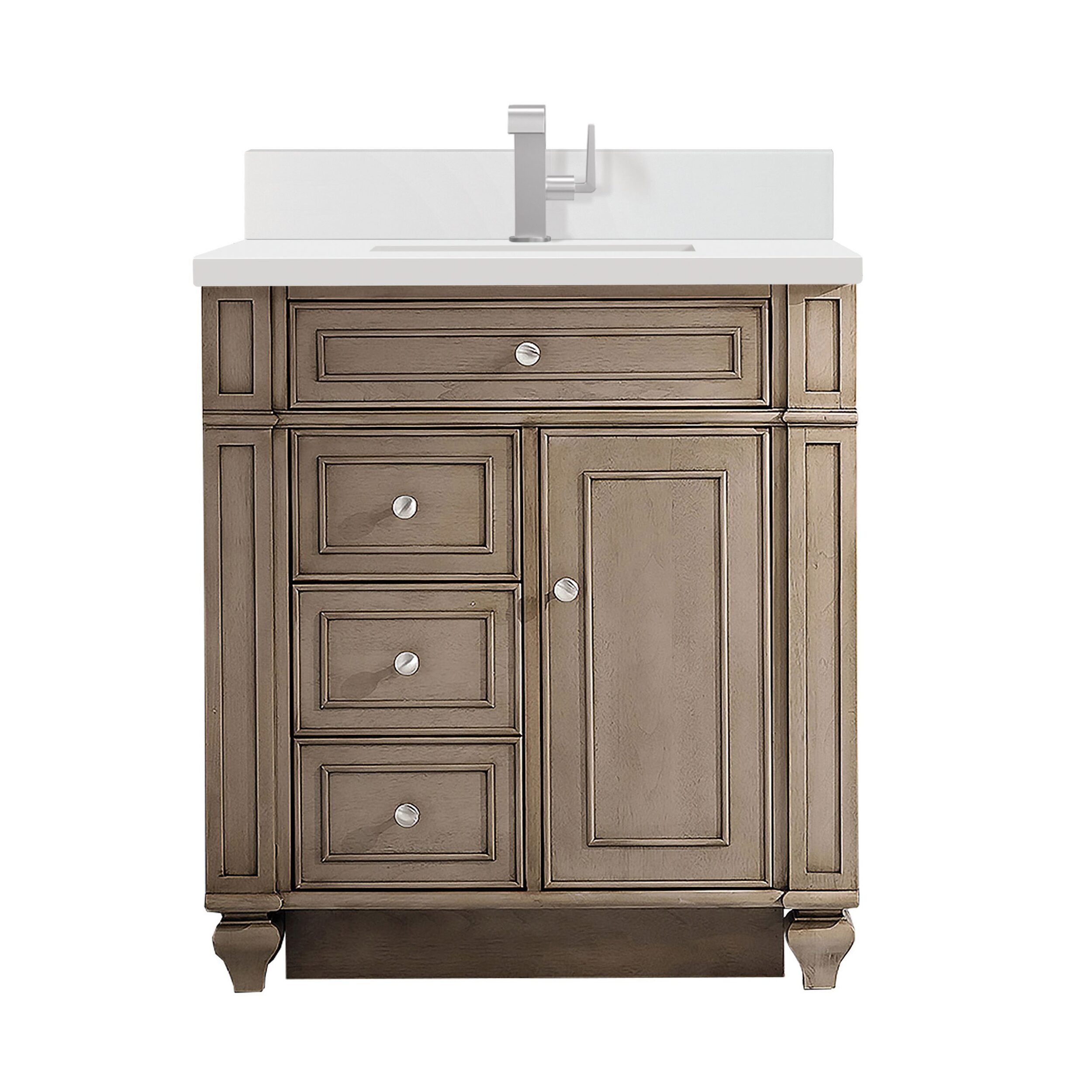 James Martin Vanities 157V30WW1WZ Whitewashed Walnut 157V30WW1WZ Bristol 30 Single Vanity, Whitewashed Walnut W/ Single Hole 3 Cm White Zeus Silestone Top & Backsplash - Whitewashed Walnut