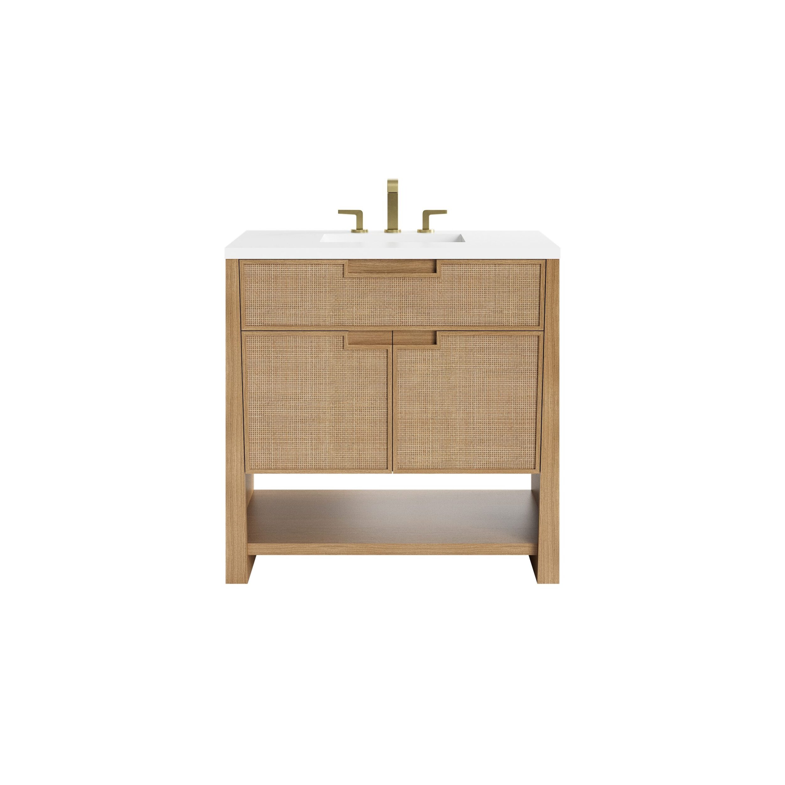 James Martin Vanities D225V36SSO1WZ Seaside Oak D225V36SSO1WZ Solene 36 Single Vanity, Seaside Oak, W/ Single Hole 3 Cm White Zeus Quartz Top & Backsplash - Seaside Oak
