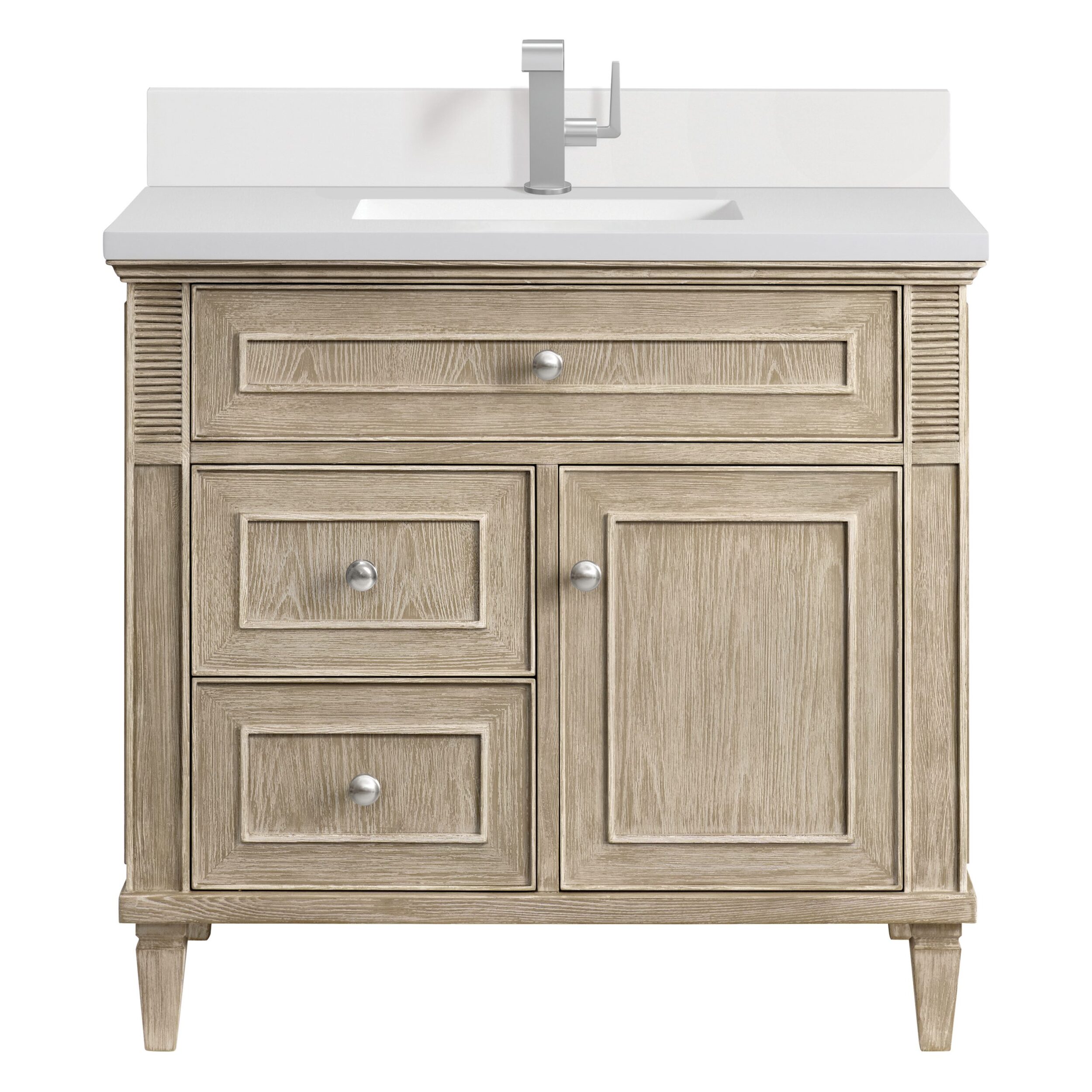 James Martin Vanities 424V36WWO1WZ Whitewashed Oak 424V36WWO1WZ Lorelai 36 Single Vanity, Whitewashed Oak W/ Single Hole 3 Cm White Zeus Silestone Top & Backsplash - Whitewashed Oak
