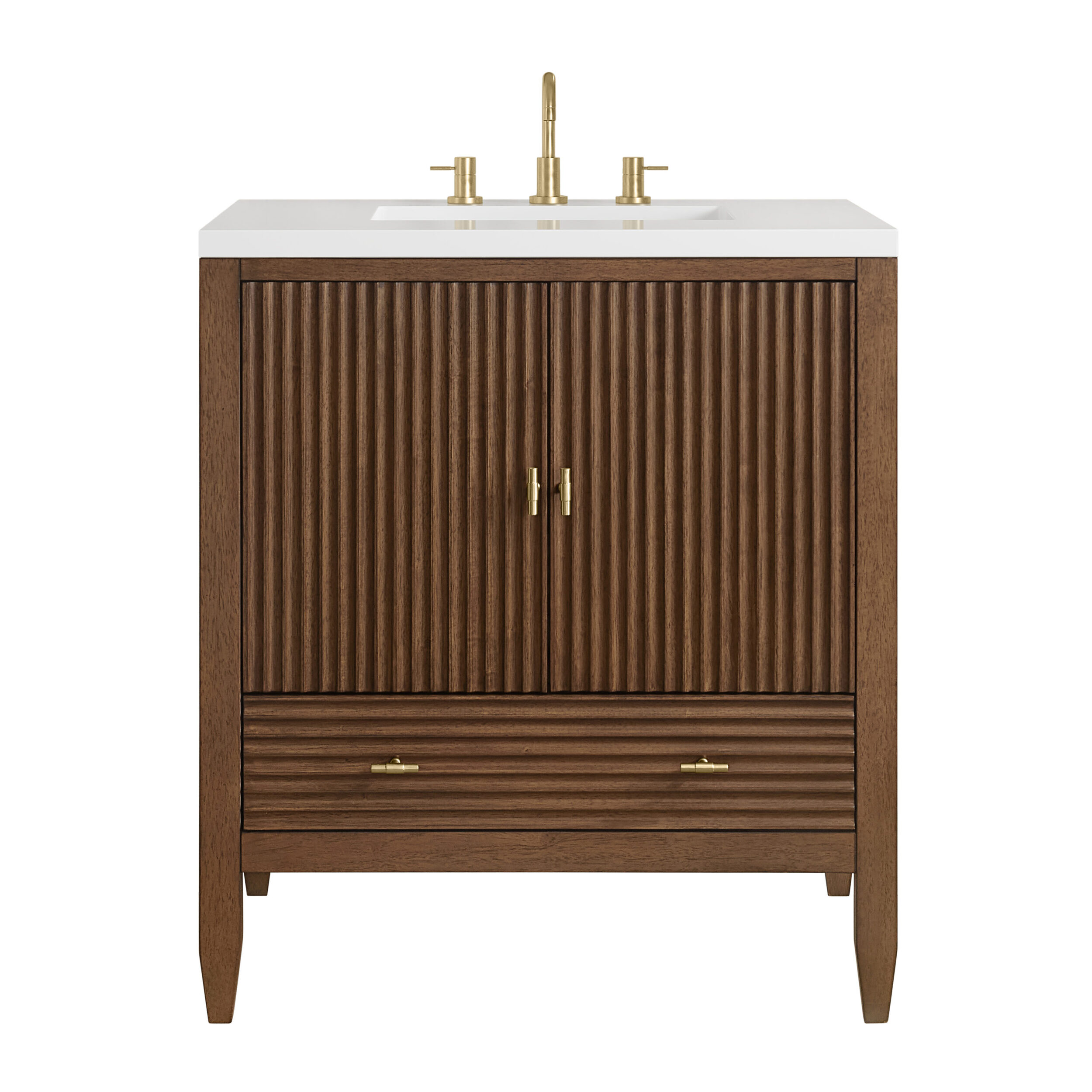 James Martin Vanities 485V30WLT3WZ Mid-Century Walnut 485V30WLT3WZ Myrrin 30 Single Vanity, Mid-century Walnut W/ 3 Cm White Zeus Silestone Top - Mid-Century Walnut