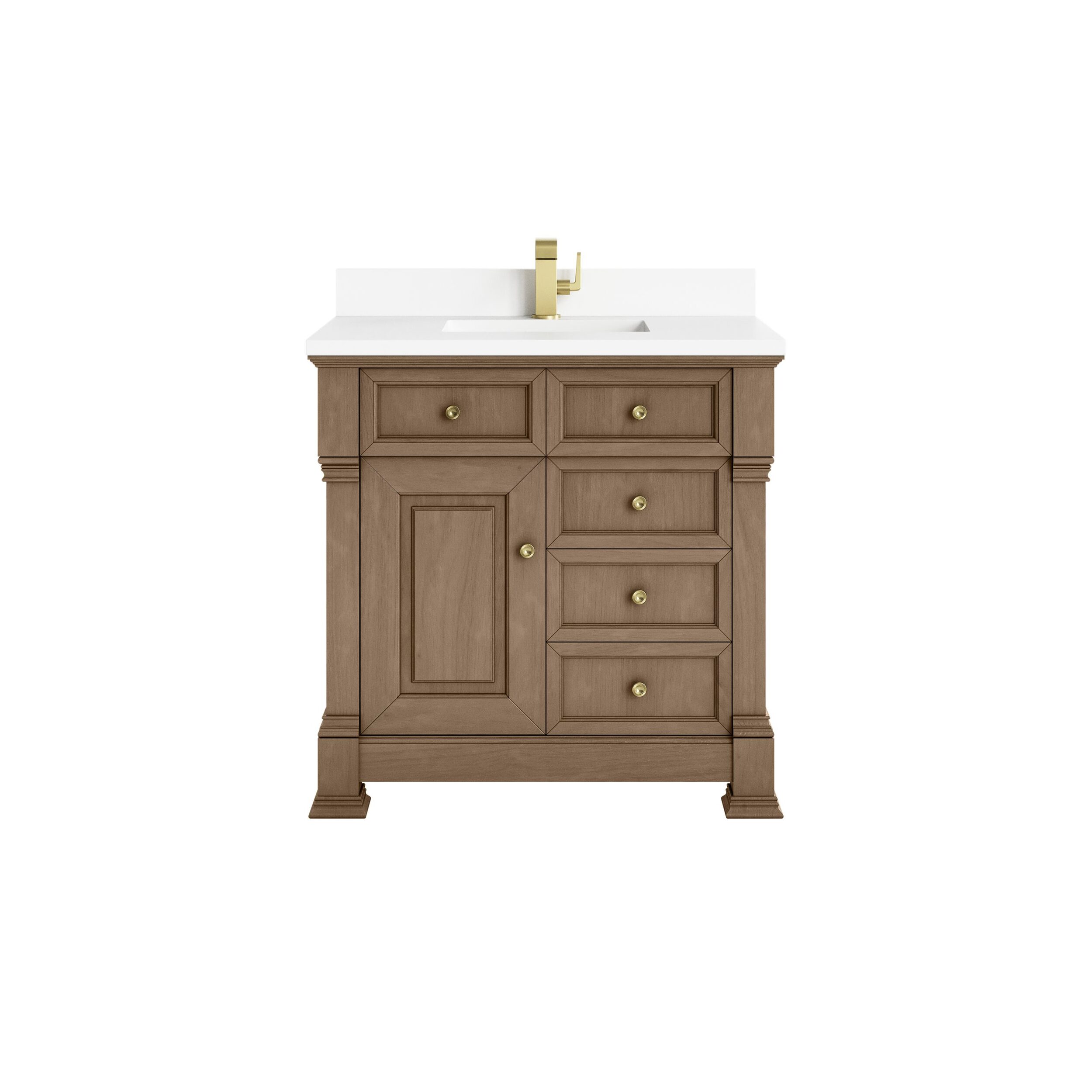 James Martin Vanities 547V36PCN1WZ Pecan 547V36PCN1WZ Brookfield 36 Single Vanity, Pecan W/ Single Hole 3cm White Zeus Silestone Top & Backsplash - Pecan