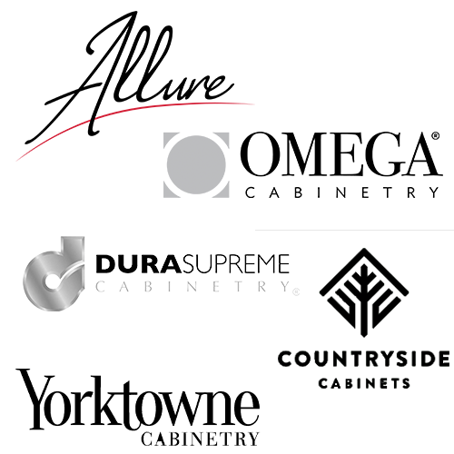 logos of studio41 cabinetry brands - Allure, Omega, Durasupreme, Countryside Cabinets, Yorktowne Cabinetry